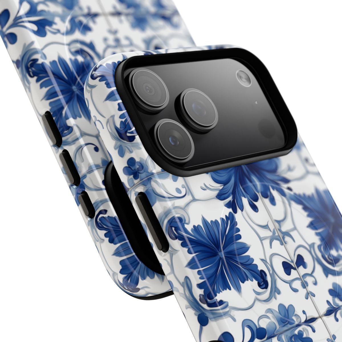 Elegant coastal-themed phone protector with an intricate hand-painted blue floral tile aesthetic.
