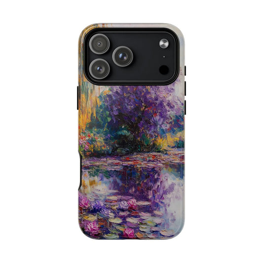 Phone case featuring an impressionist oil painting of vibrant purple flowers over a tranquil blue pond
