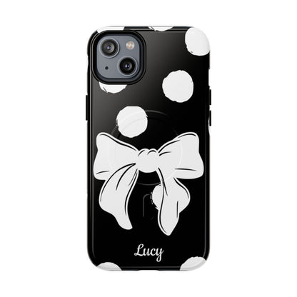 Personalized Black Polka Dot Bow Phone Case – Custom Name Coquette Retro Aesthetic