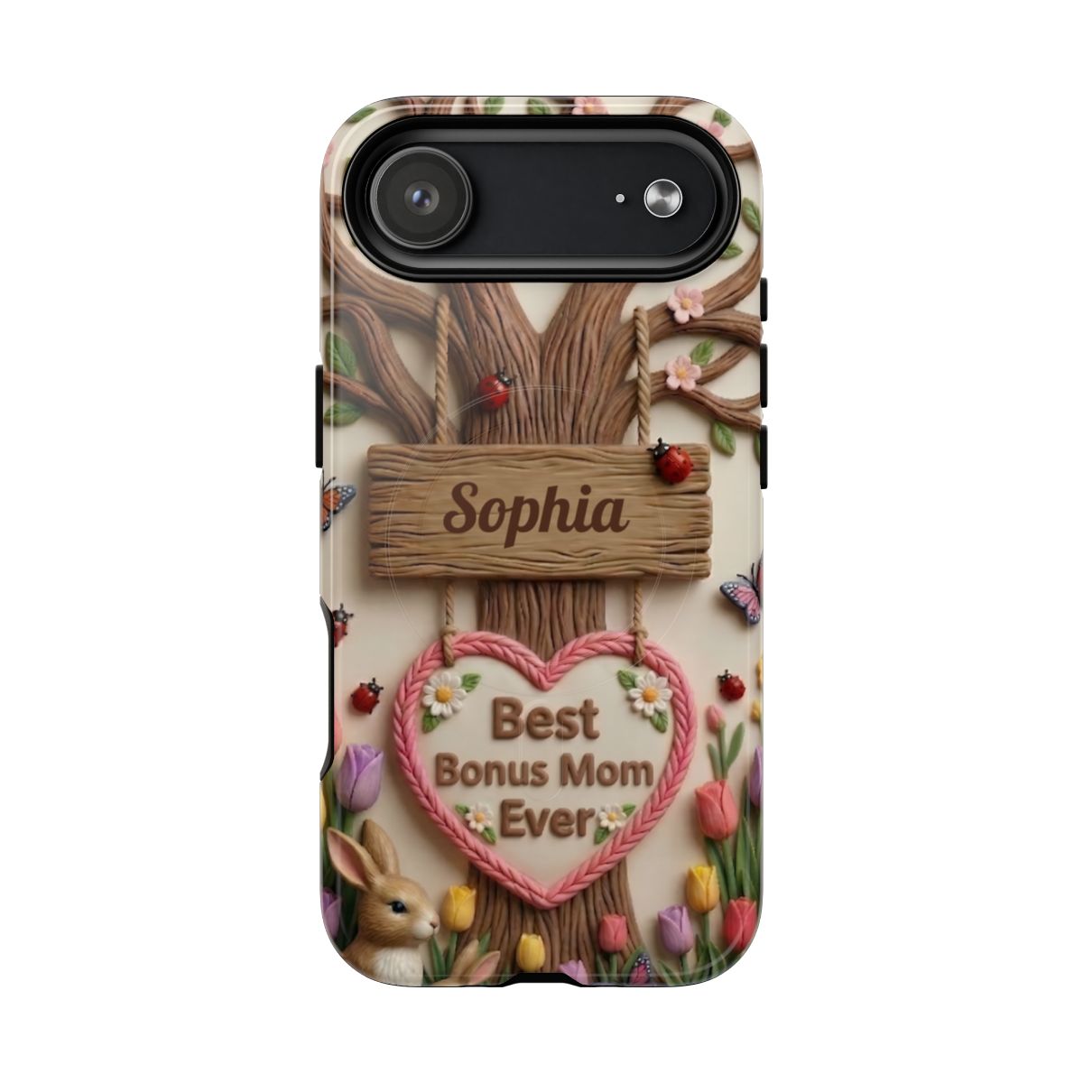 Personalized Bonus Mom Phone Case – Custom Name Clay Spring Garden Aesthetic
