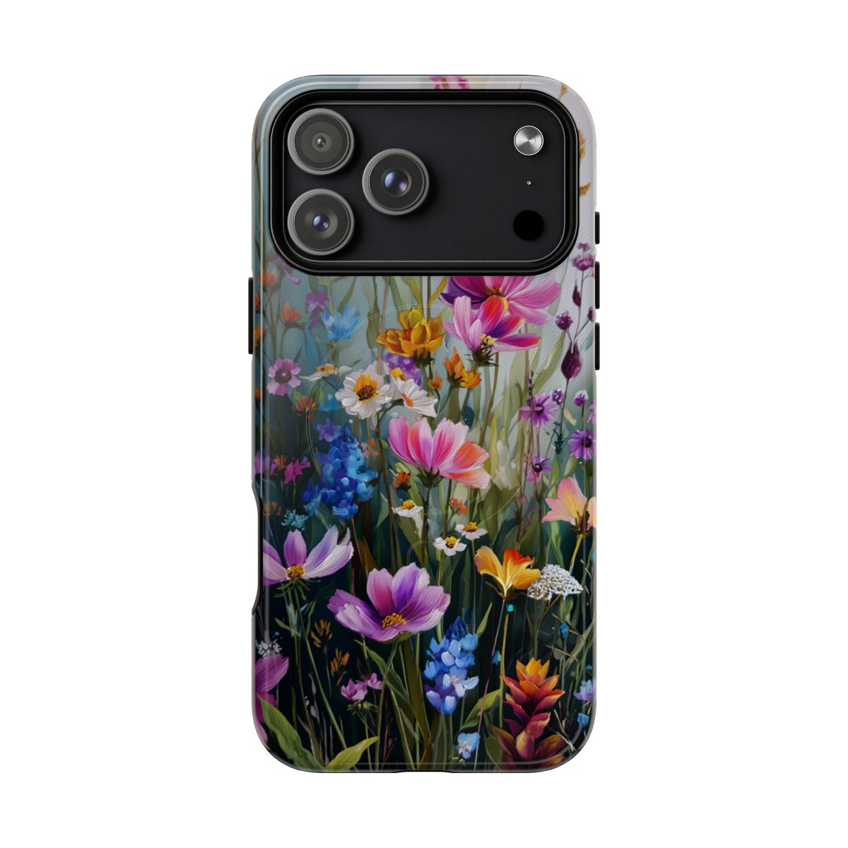 Colorful wildflower field floral phone case  with pink, purple, and blue blossoms in a painted art style.