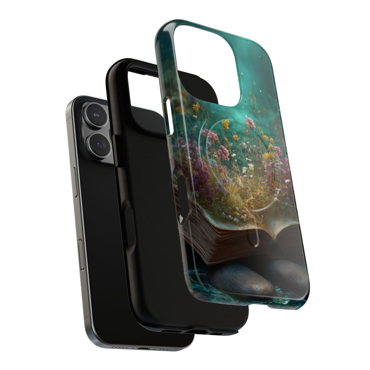 Dreamy dark academia phone case with ethereal wildflowers and a soft glowing teal background.