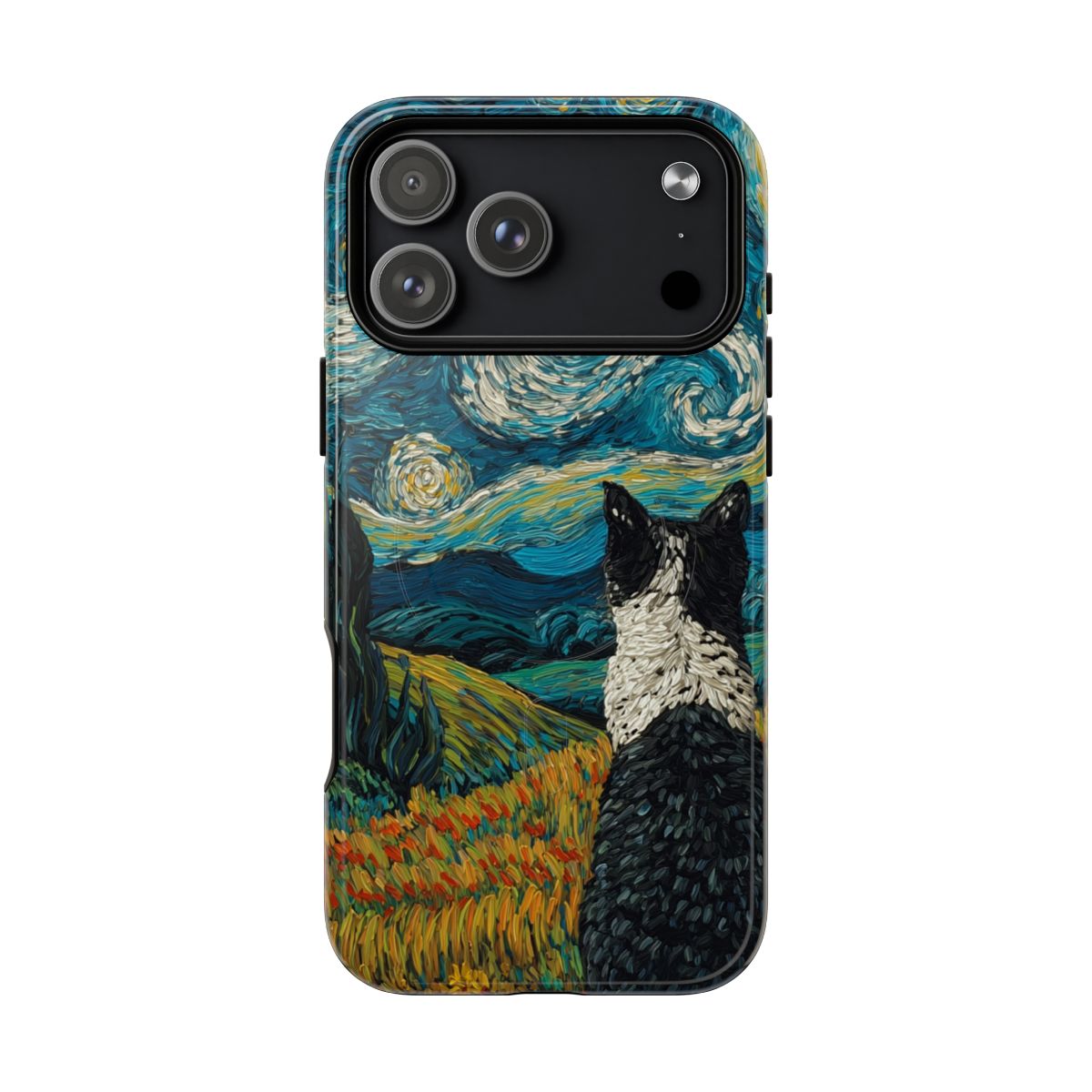 Impressionist phone case featuring a black and white tuxedo cat looking at a swirling blue Starry Night sky.