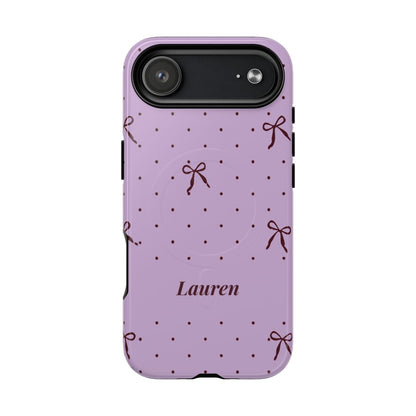 Personalized Lavender Bow Phone Case – Custom Name Polka Dot Coquette Aesthetic