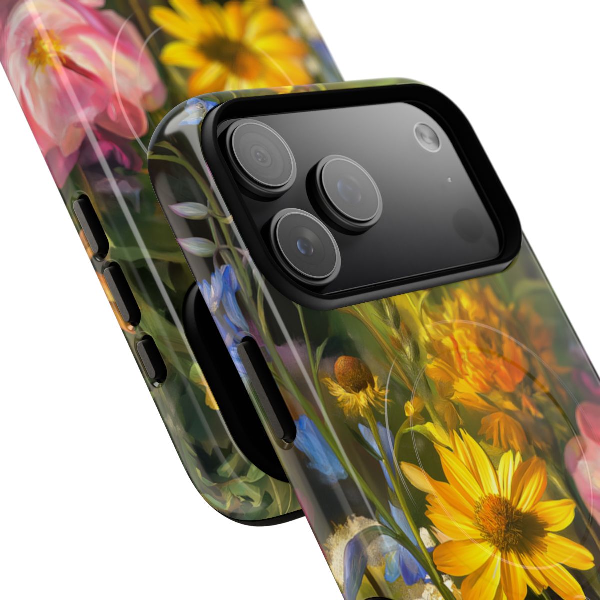Vibrant floral garden phone case accessory. The design features a sun-kissed wildflower bouquet with a warm, artistic glow, making it a stylish and colorful gift for nature lovers.
