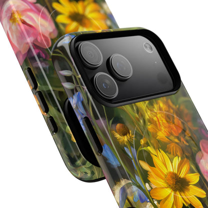 Vibrant floral garden phone case accessory. The design features a sun-kissed wildflower bouquet with a warm, artistic glow, making it a stylish and colorful gift for nature lovers.
