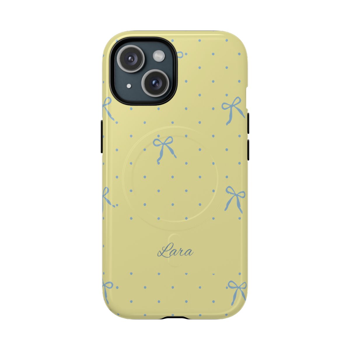 Personalized Yellow Bow Phone Case – Custom Name Blue Polka Dot Aesthetic
