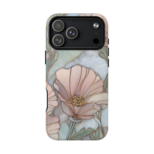 Blush Poppy Stained Glass Phone Case - Elegant Floral Mosaic Art