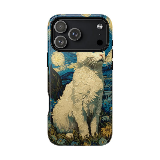 Impressionist phone case featuring a white cat sitting under a swirling blue Starry Night sky.