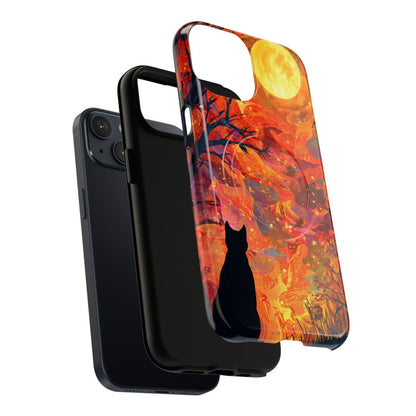 Autumn-themed phone cover with a black cat silhouette against a rich background of layered orange foliage.