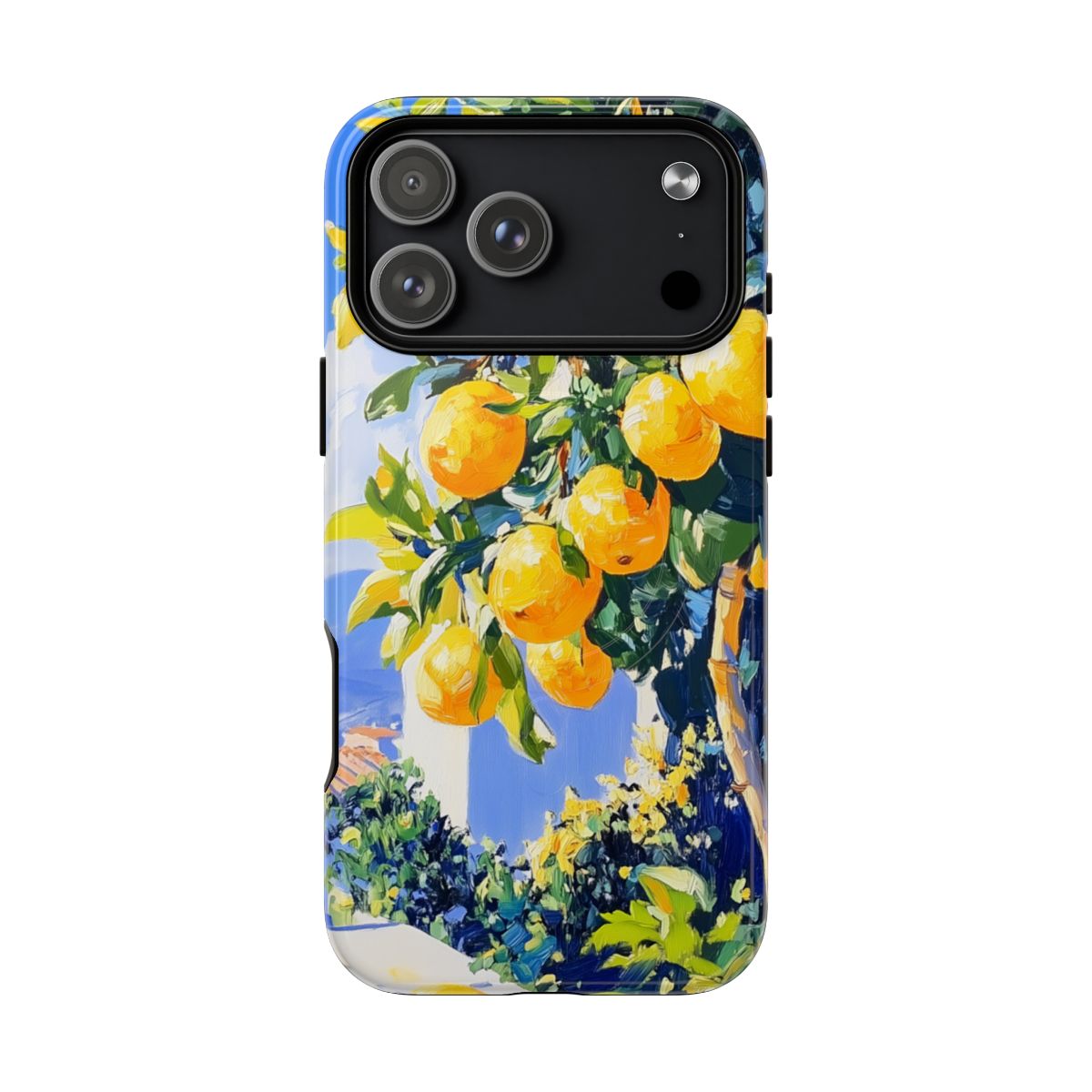 Phone case with lemon tree design on a white background