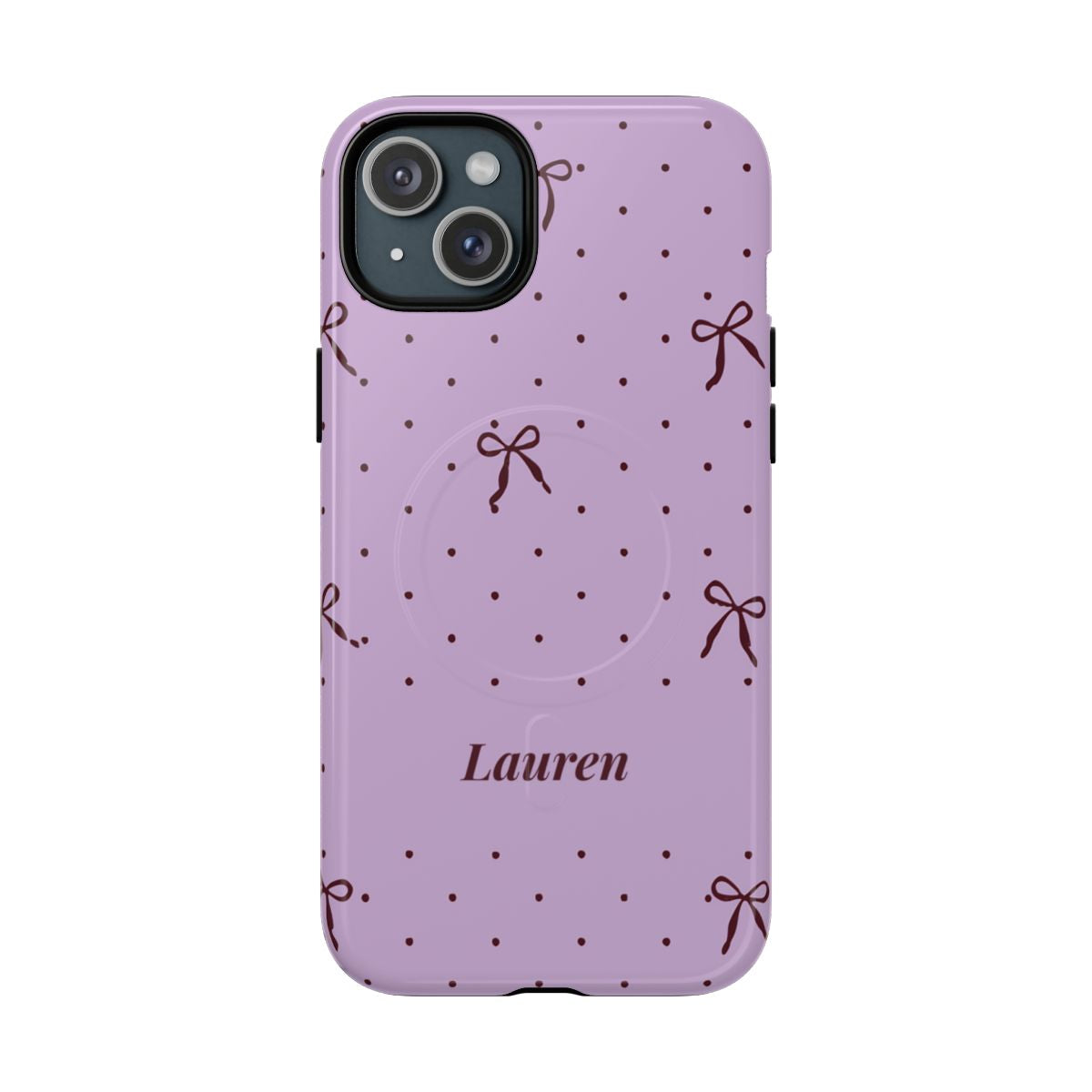 Personalized Lavender Bow Phone Case – Custom Name Polka Dot Coquette Aesthetic