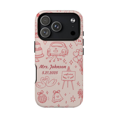 Pink personalized wedding phone case with bridal doodle illustrations customized with name
