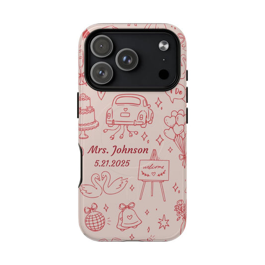 Pink personalized wedding phone case with bridal doodle illustrations customized with name