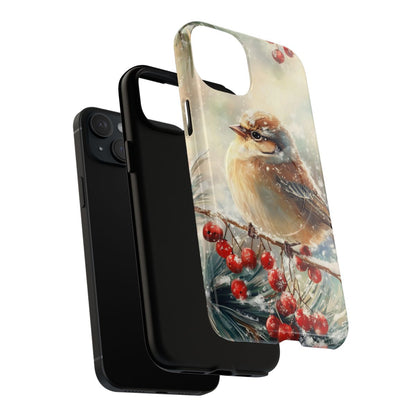 Back view of a protective phone case showcasing a soft, artistic painting of a bird in a winter landscape.
