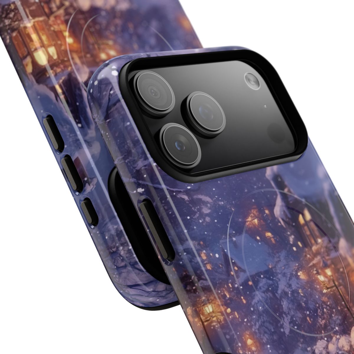 Cozy Christmas-themed phone protector with an enchanting snowy street and soft, dreamy purple and gold tones.