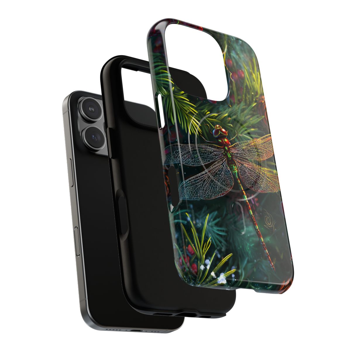 Moody botanical phone case with jewel-toned greenery, pinecones, and a shimmering dragonfly design.