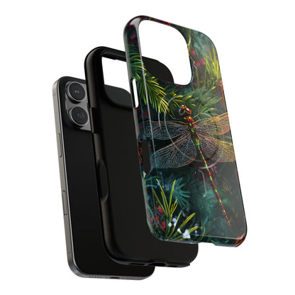 Moody botanical phone case with jewel-toned greenery, pinecones, and a shimmering dragonfly design.