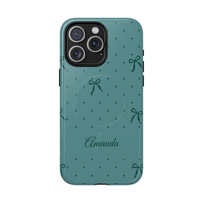 Personalized Teal Bow Phone Case – Custom Name Coquette Polka Dot Aesthetic