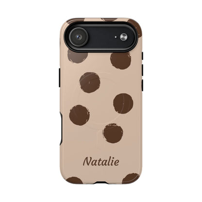 Personalized Brown Polka Dot Phone Case – Custom Name Neutral Boho Aesthetic