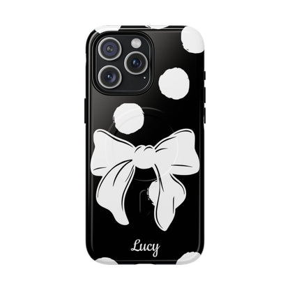 Personalized Black Polka Dot Bow Phone Case – Custom Name Coquette Retro Aesthetic