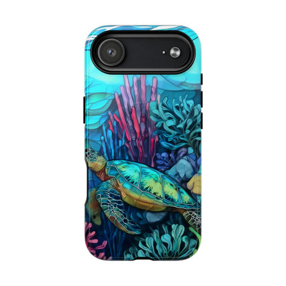 Stained Glass Turtle Phone Case – Coastal Blue Ocean Mosaic Aesthetic