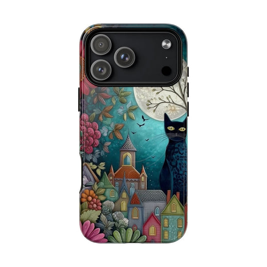 Phone case with a colorful design of a black cat, houses, and nature elements on a white background