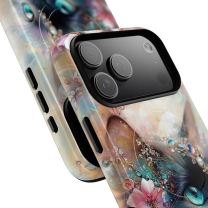 Vibrant feline-themed phone case showcasing a blend of teal, pink, and gold artistic swirls.