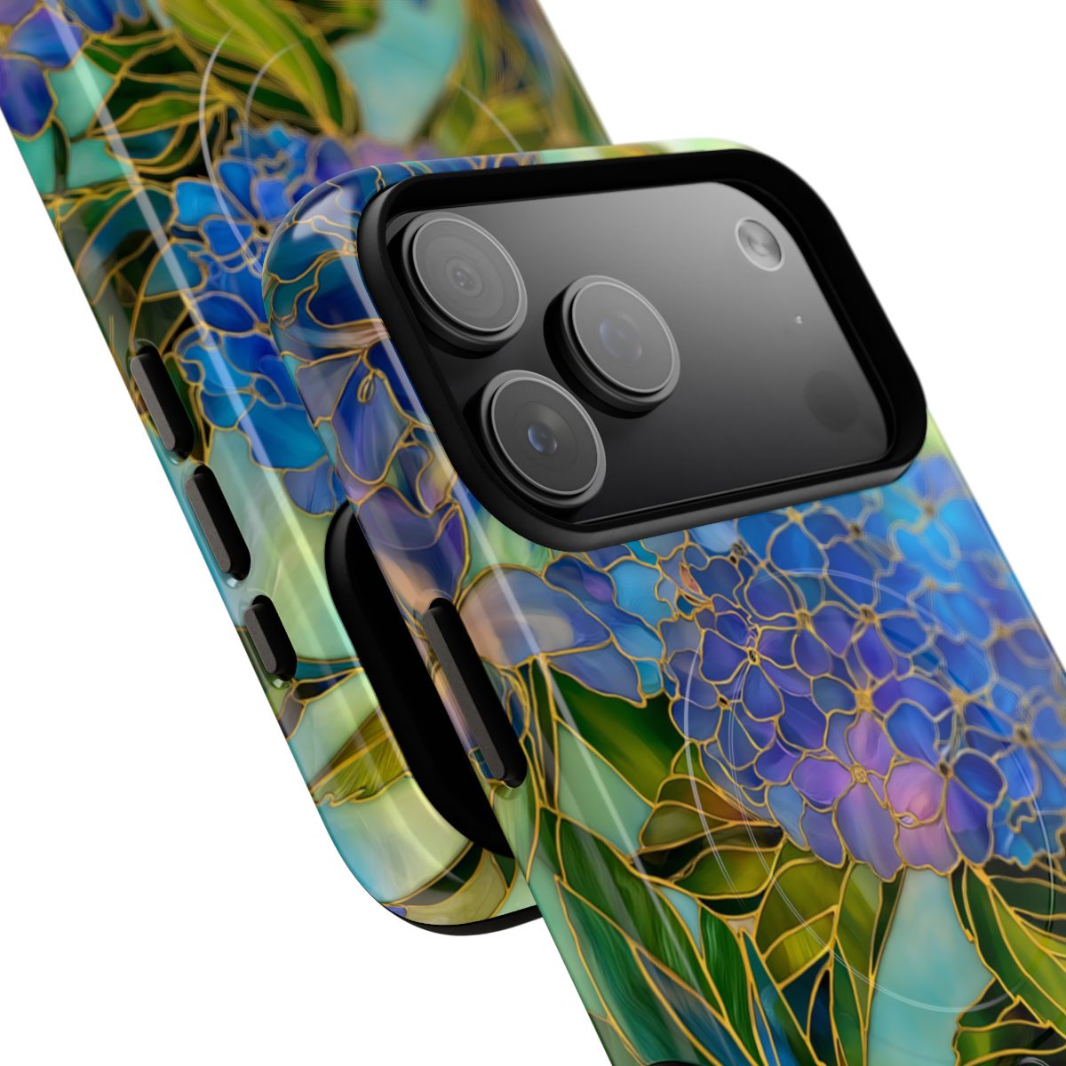 Blue Hydrangea Stained Glass Phone Case - Elegant Floral Mosaic Art