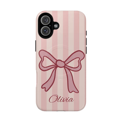 Personalized Pink Bow Phone Case – Soft Pastel Striped Coquette Aesthetic