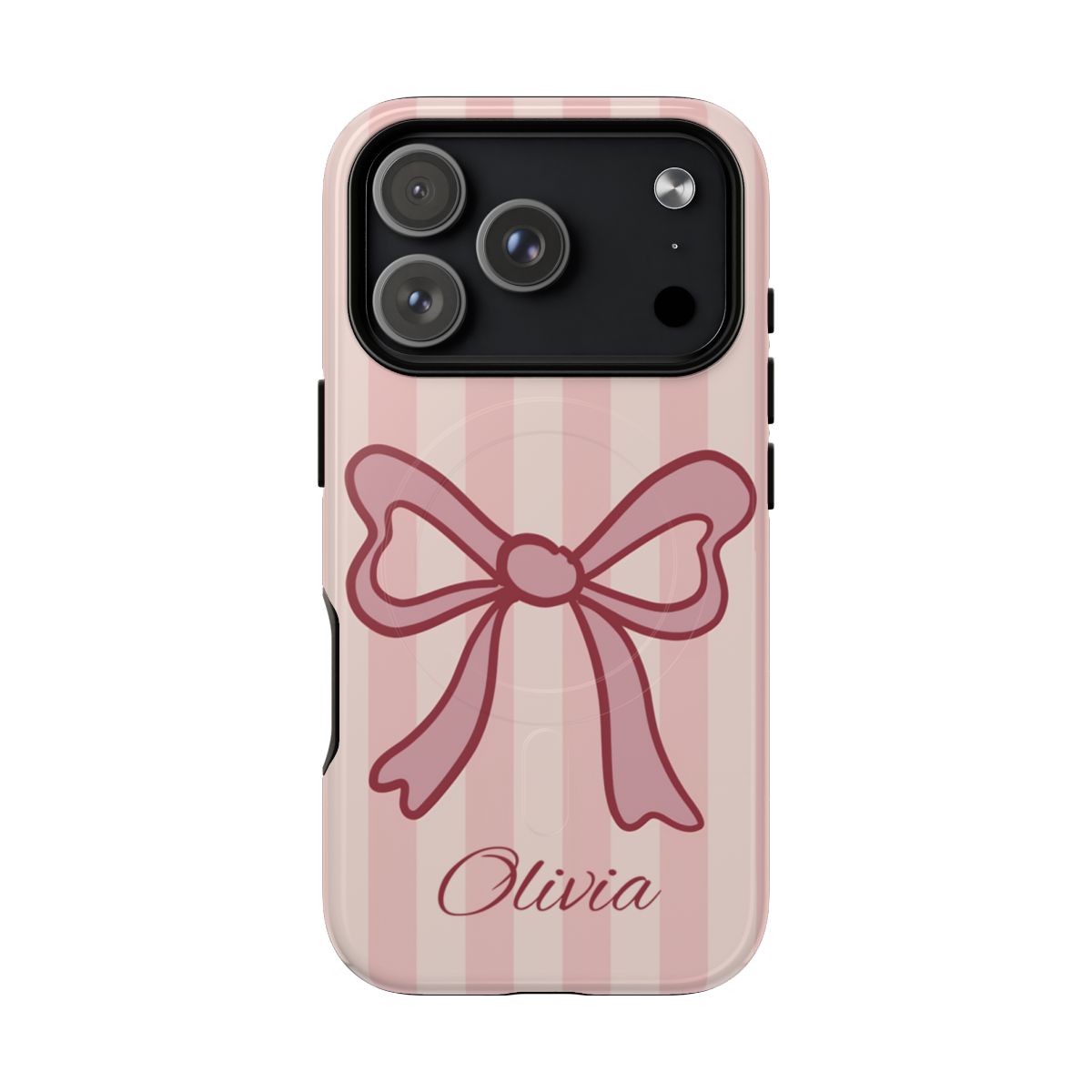 Personalized Pink Bow Phone Case – Soft Pastel Striped Coquette Aesthetic