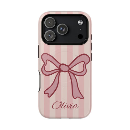 Personalized Pink Bow Phone Case – Soft Pastel Striped Coquette Aesthetic
