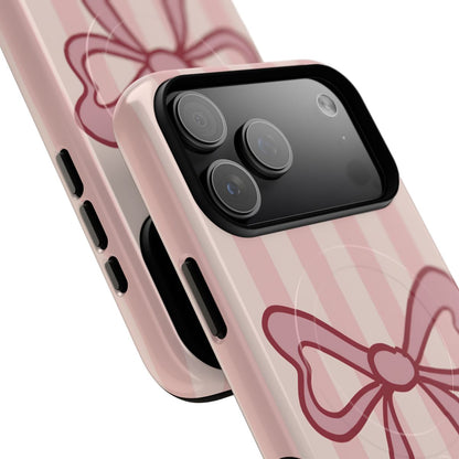 Dainty pink and cream vertical striped phone cover featuring a hand-drawn ribbon aesthetic.