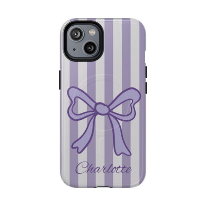 Personalized Lavender Bow Phone Case – Purple Striped Coquette Ribbon Aesthetic