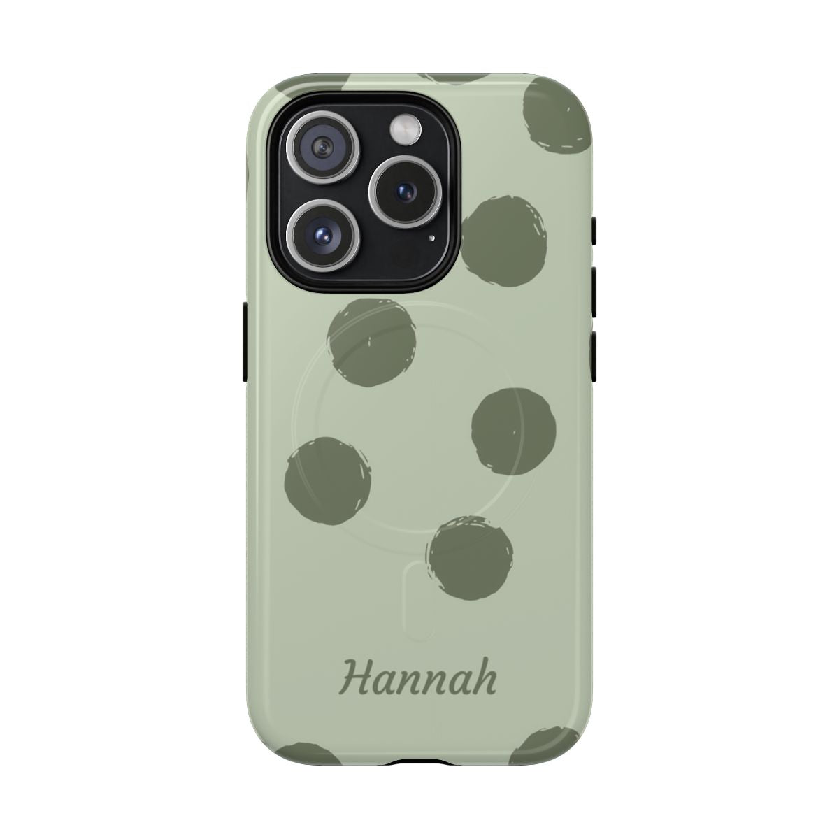 Personalized Sage Green Polka Dot Phone Case – Custom Name Matcha Aesthetic