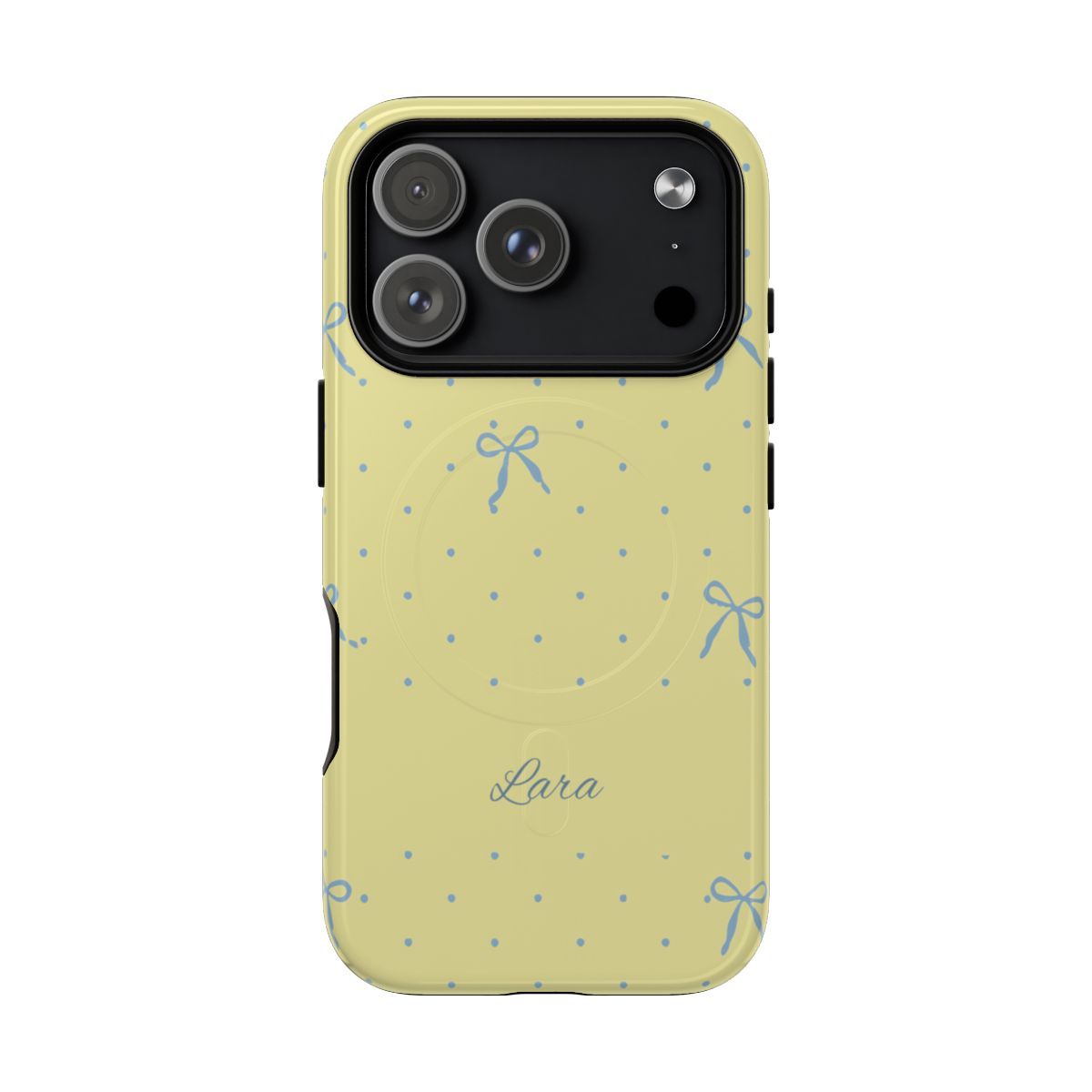 Personalized Yellow Bow Phone Case – Custom Name Blue Polka Dot Aesthetic