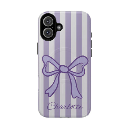 Personalized Lavender Bow Phone Case – Purple Striped Coquette Ribbon Aesthetic