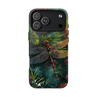 Detailed phone case featuring a vibrant red and green dragonfly resting on pine branches and winter berries.