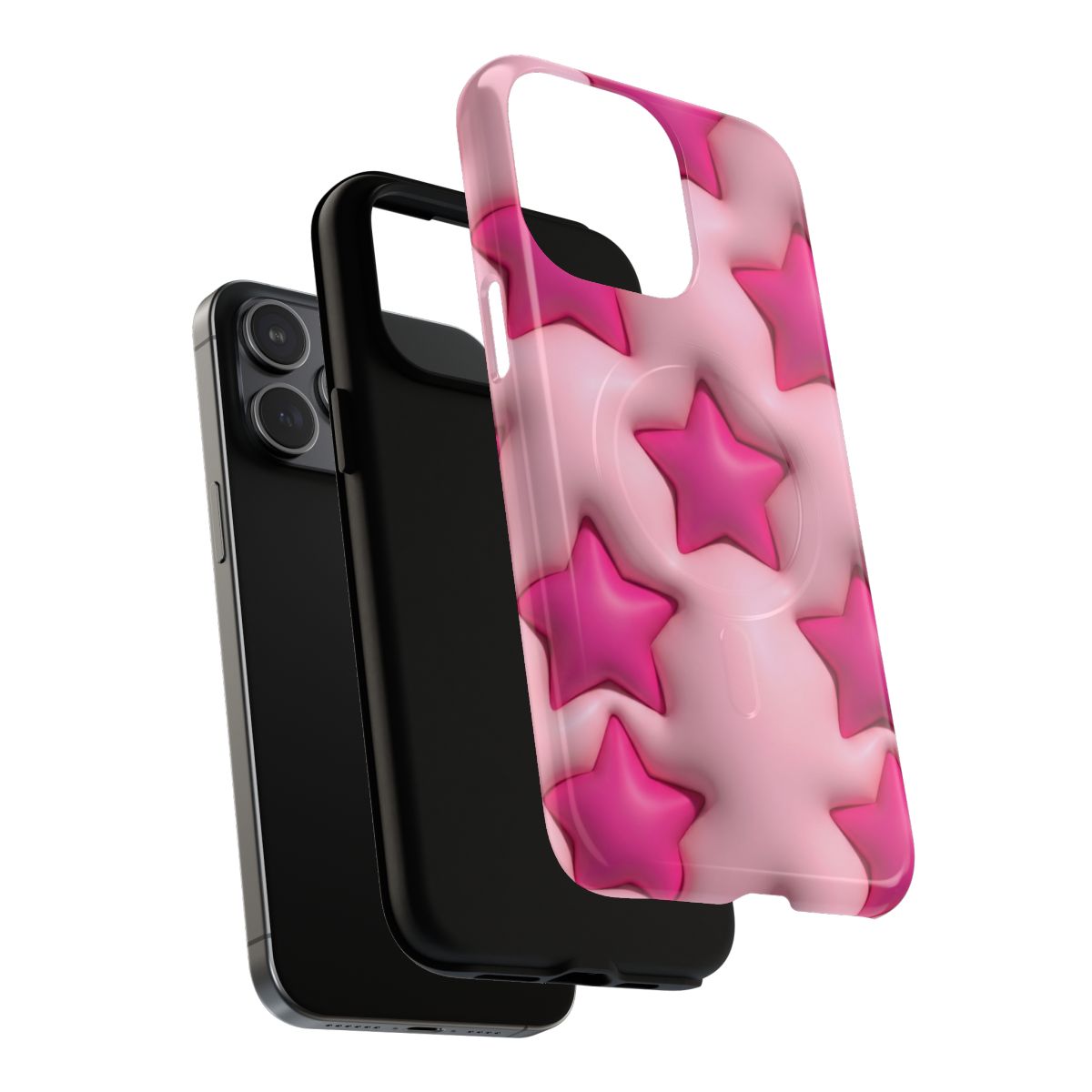 Pink 3D puffy star pattern tough case. The design shows multiple hot pink stars on a light pink textured-look background.