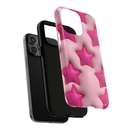 Pink 3D puffy star pattern tough case. The design shows multiple hot pink stars on a light pink textured-look background.