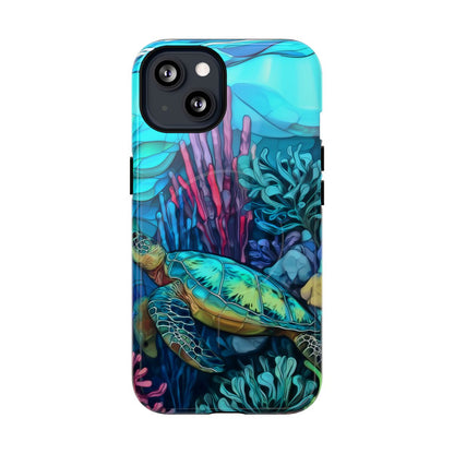 Stained Glass Turtle Phone Case – Coastal Blue Ocean Mosaic Aesthetic