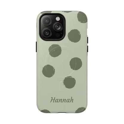 Personalized Sage Green Polka Dot Phone Case – Custom Name Matcha Aesthetic