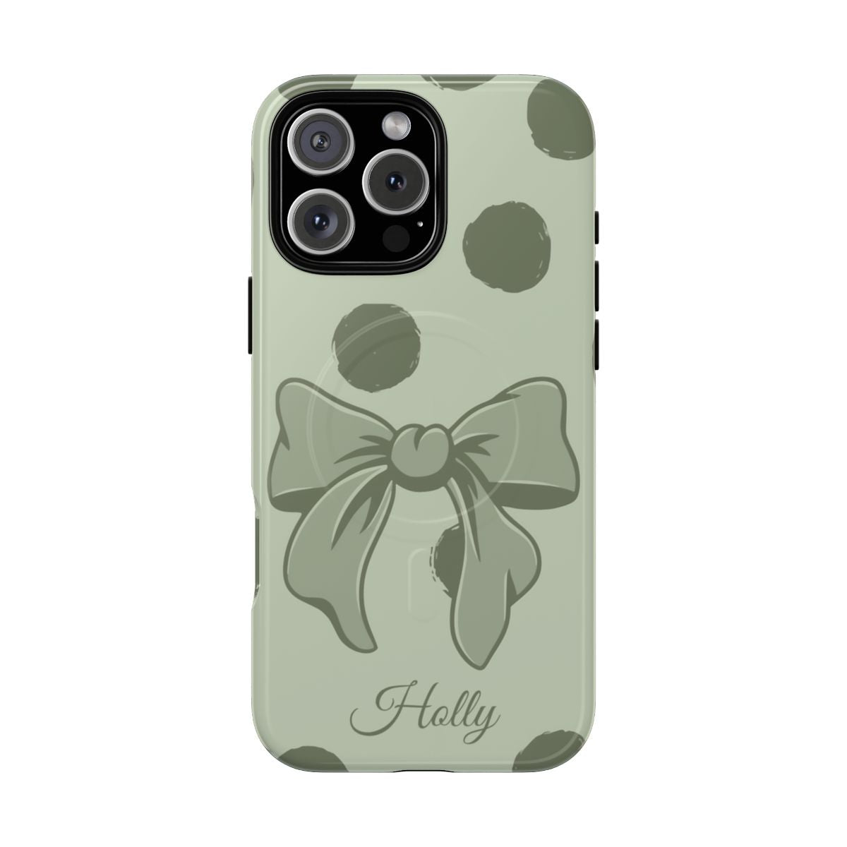 Personalized Sage Green Polka Dot Bow Phone Case – Custom Name Coquette Aesthetic