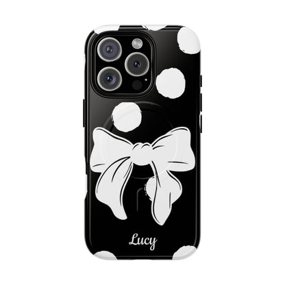Personalized Black Polka Dot Bow Phone Case – Custom Name Coquette Retro Aesthetic