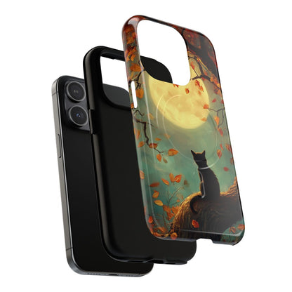 Back of a protective phone case with a whimsical illustration of a cat under a starry night sky.