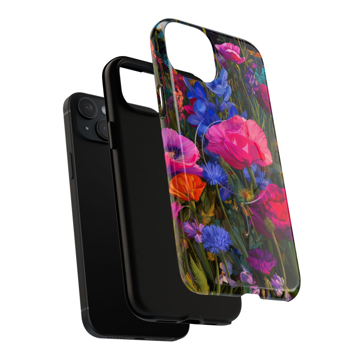 Vibrant pink and blue floral phone case. A trendy wildflower bouquet pattern with an artistic, high-contrast finish, perfect for adding a pop of color to your tech accessories
