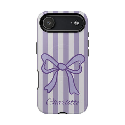 Personalized Lavender Bow Phone Case – Purple Striped Coquette Ribbon Aesthetic