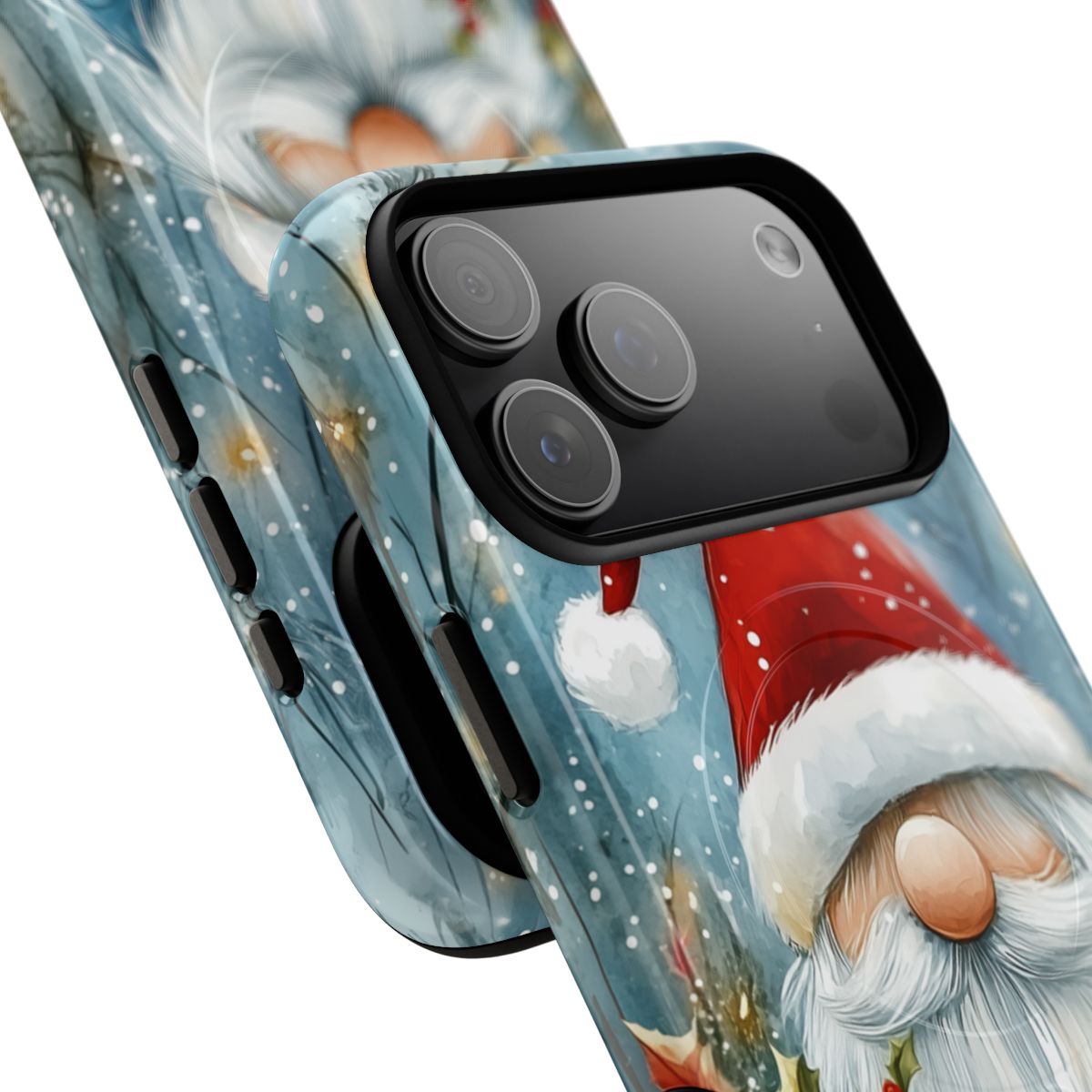 Charming garden gnome Christmas phone protector with falling snow and festive holly berry accents.