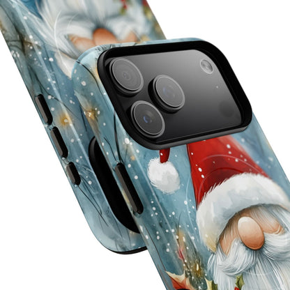 Charming garden gnome Christmas phone protector with falling snow and festive holly berry accents.
