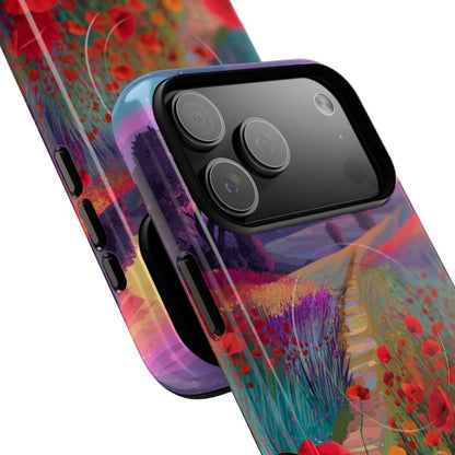 Vibrant botanical phone protector showcasing a lush floral hillside under a soft twilight sky.